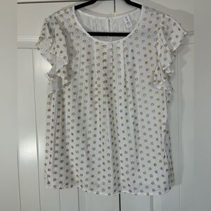 Amadi White Blouse w/ Gold Shimmer Polka Dots. Short sleeves. Size Large